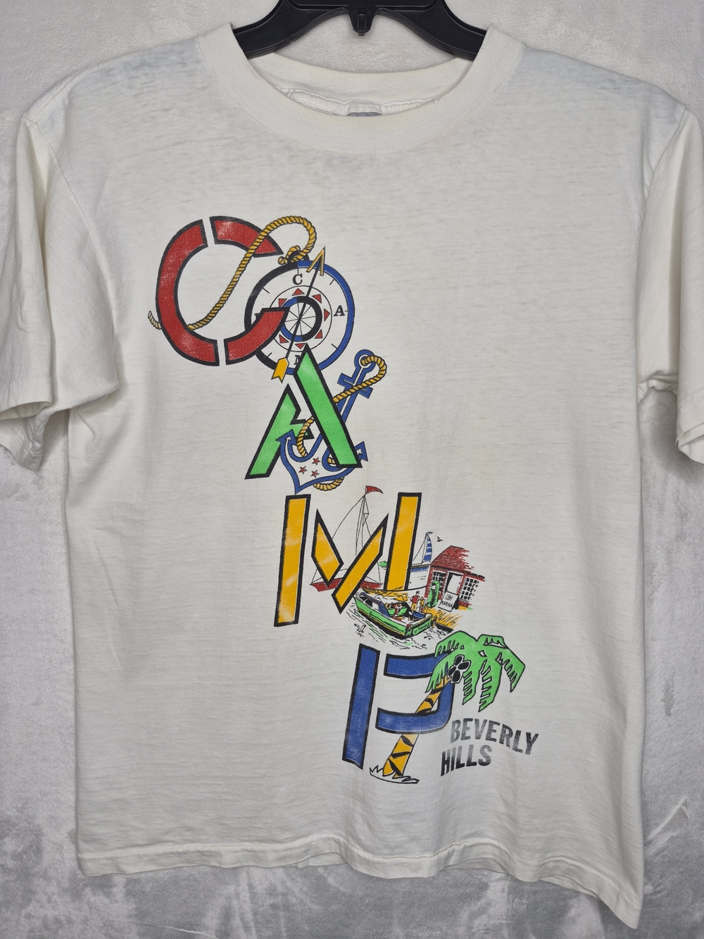 Vintage 80s Camp Beverly Hills Oneita T Shirt White USA Single Stitch Mens Large